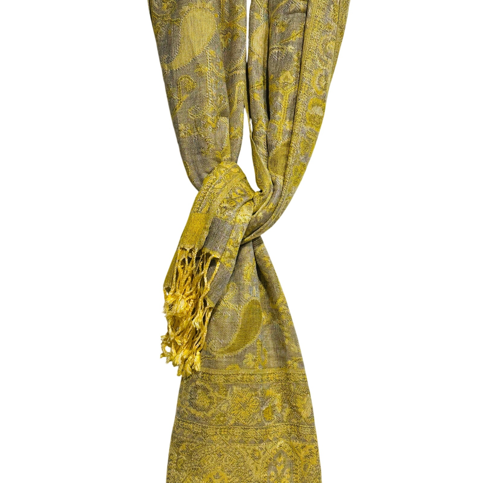 Pashmina Scarf Gold Gray Paisley W/ Fringe Washable Nwt